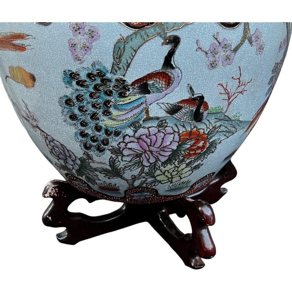 Asian Porcelain Fishbowl Flower Pot Planter With Wooden Stand