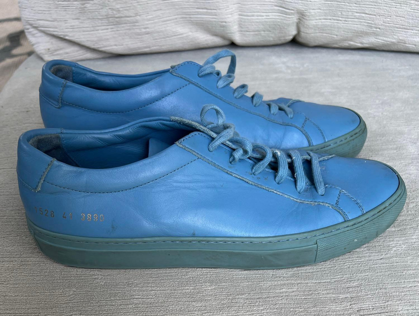 Italian Common Project Men's Luxury Sneakers, Light Blue Leather