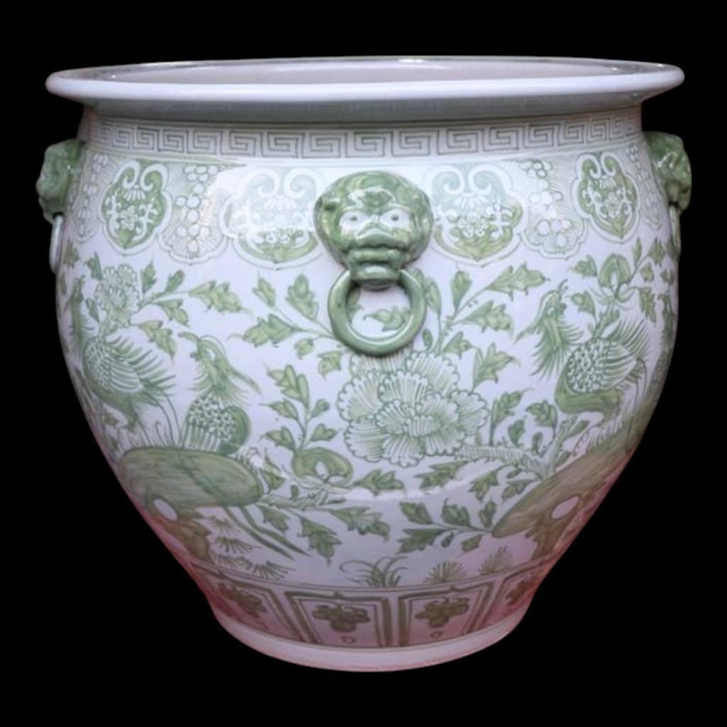 Chinese Hand Painted Planter, Pot - Green Floral Motif