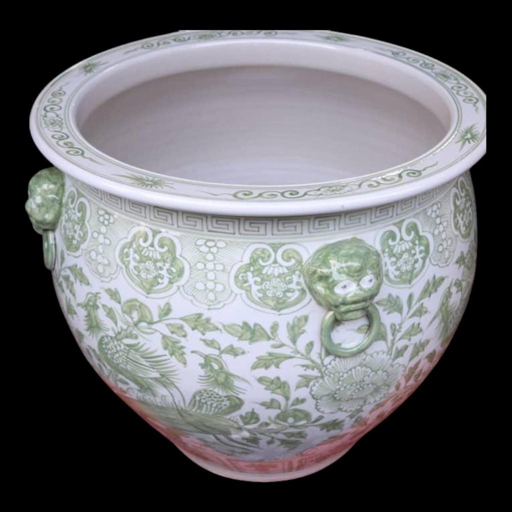 Chinese Hand Painted Planter, Pot - Green Floral Motif