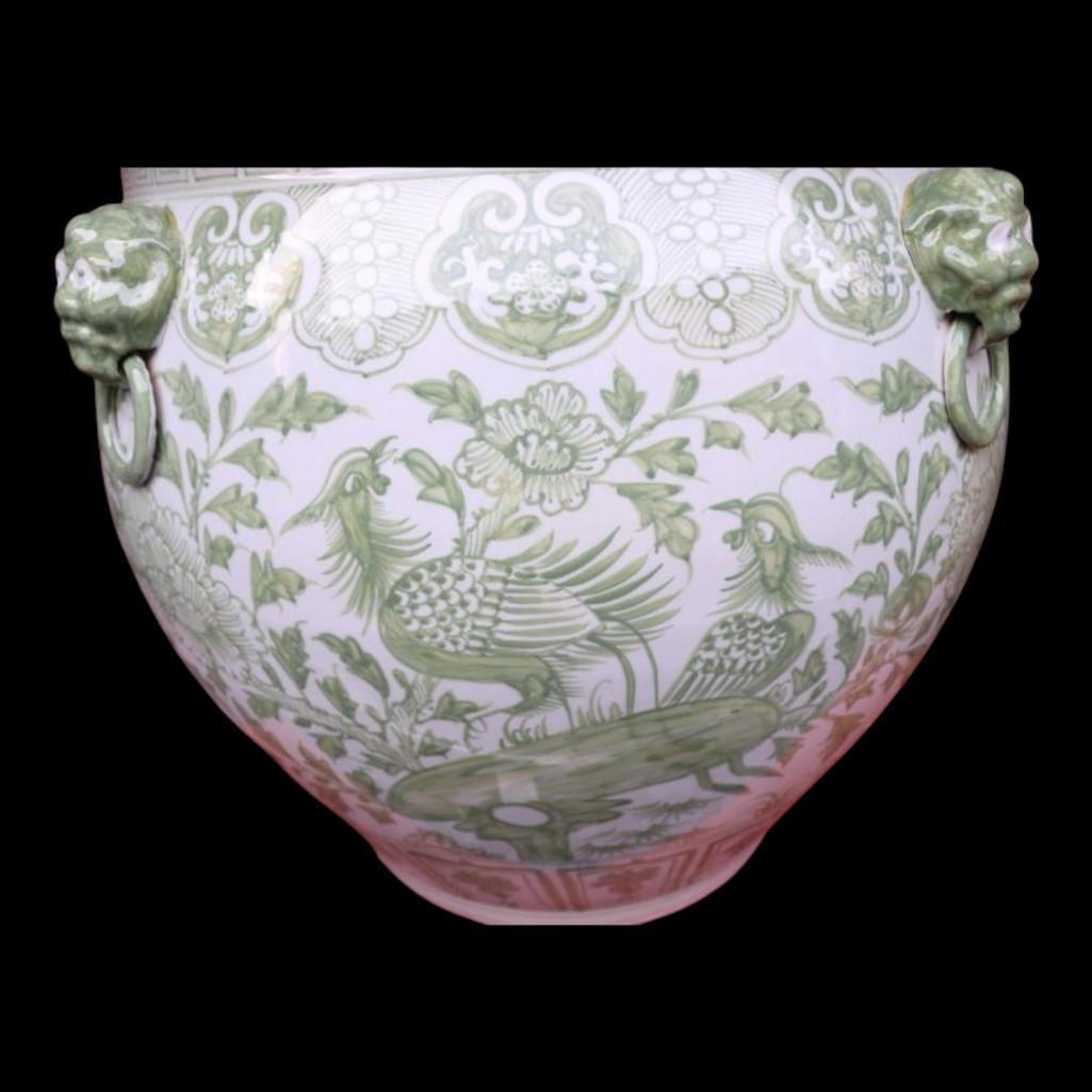 Chinese Hand Painted Planter, Pot - Green Floral Motif