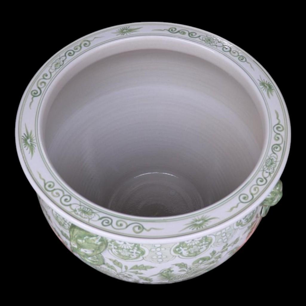 Chinese Hand Painted Planter, Pot - Green Floral Motif