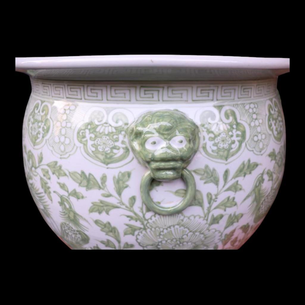 Chinese Hand Painted Planter, Pot - Green Floral Motif