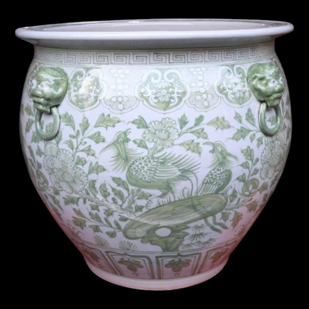 Chinese Hand Painted Planter, Pot - Green Floral Motif