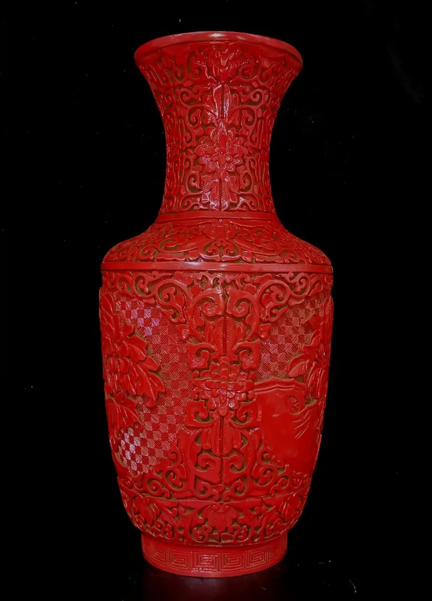 14.5" Pair Vintage China'S Qing Dynasty Red Lacquerware Porcelain Vases, W/ Flower Window Lattice Carved Pattern Design