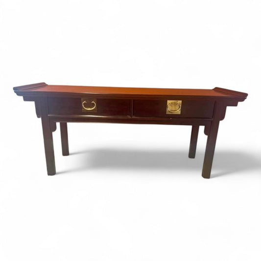 Mid 20th Century Century Chinoiserie Chinese Brown Lacquered Ebonized Low Console Sofa Table