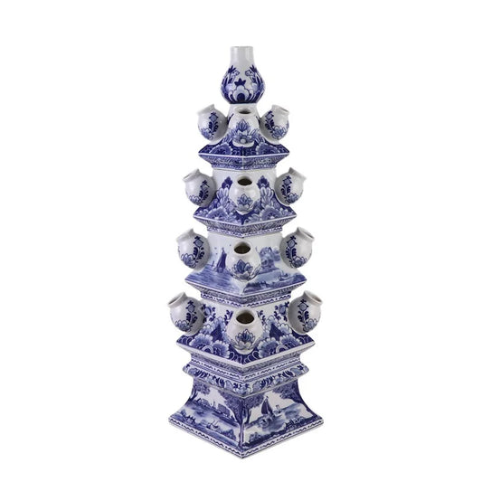 Blue and White Porcelain Pagoda Form Tulipieres Mid Century Home Flower Vase Decor