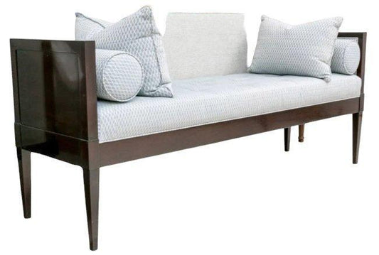 Kindel Custom Mahogany Settee Bench Blue Upholstery Pair Bolster And Accent Pillows