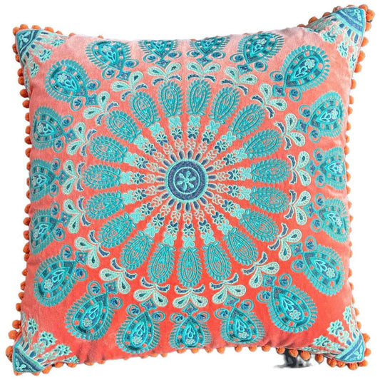 Pair of Boho Accent Pillows Paisley Embroidered Velvet Orange and teal embroidery