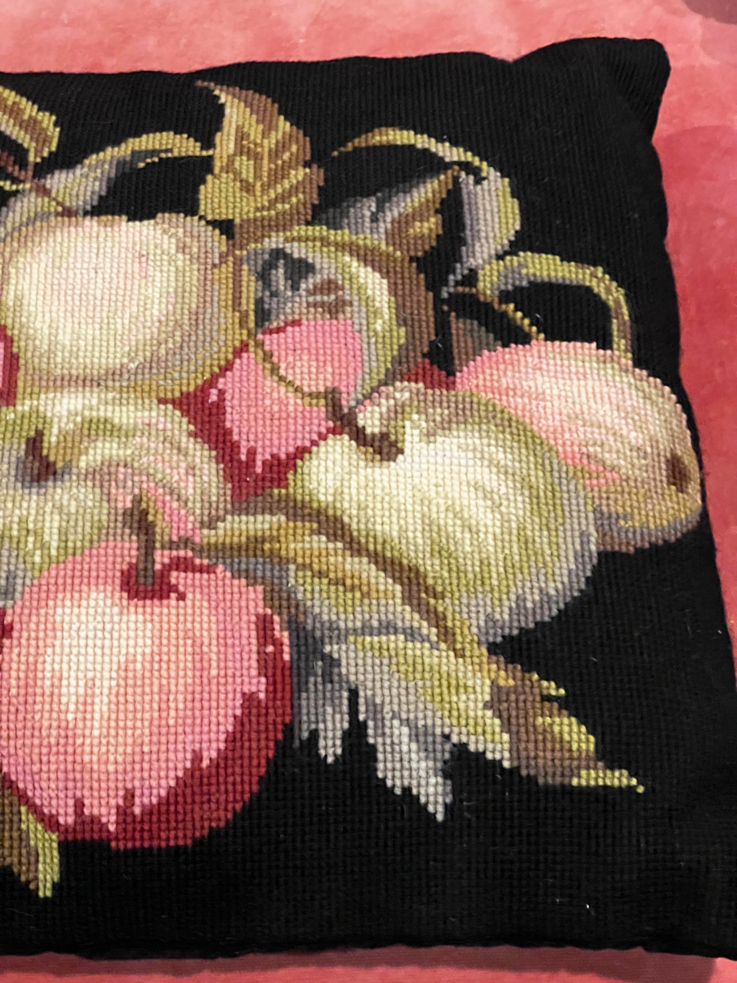 Pair of Charming Needlepoint Decorative Pillows Fruit and Vine Motif