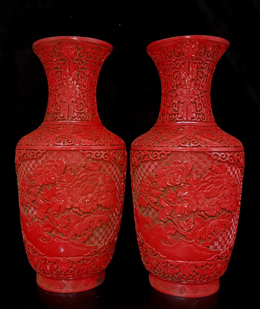 14.5" Pair Vintage China'S Qing Dynasty Red Lacquerware Porcelain Vases, W/ Flower Window Lattice Carved Pattern Design