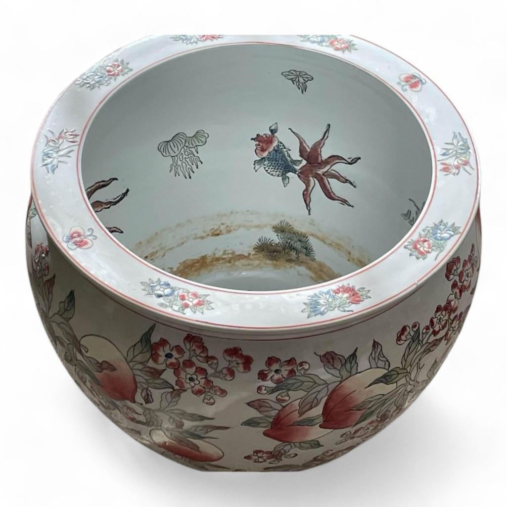 Large Chinese Hand Painted Porcelain Peach & Koi Fish Bowl/ Planter