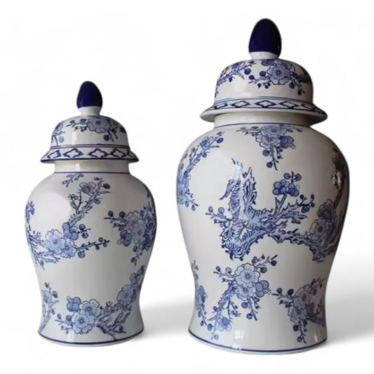 Pair of Hand-Painted Porcelain Blue and White Flower Birds Ginger Jar, Vase