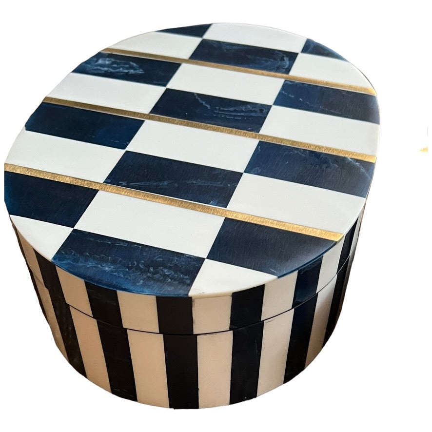 Chic Contrast: Navy Blue and White Bone Resin Boxes with Brass Accents