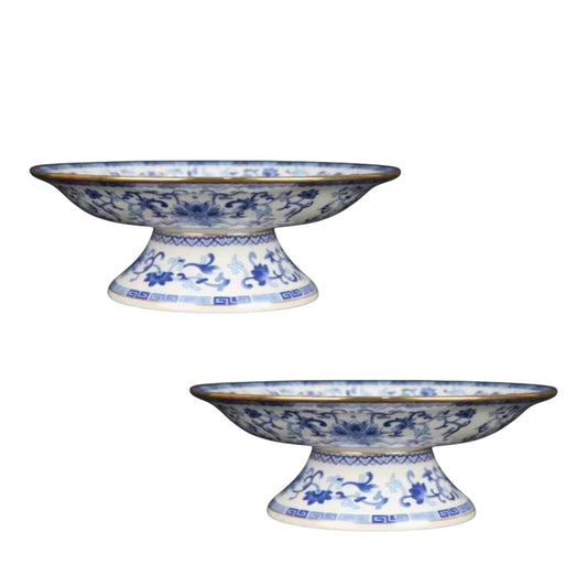 Pair of Custom Hand-Painted Blue Porcelain Centerpiece Decorative Tray, Fruit Tray by Trunky Fresh