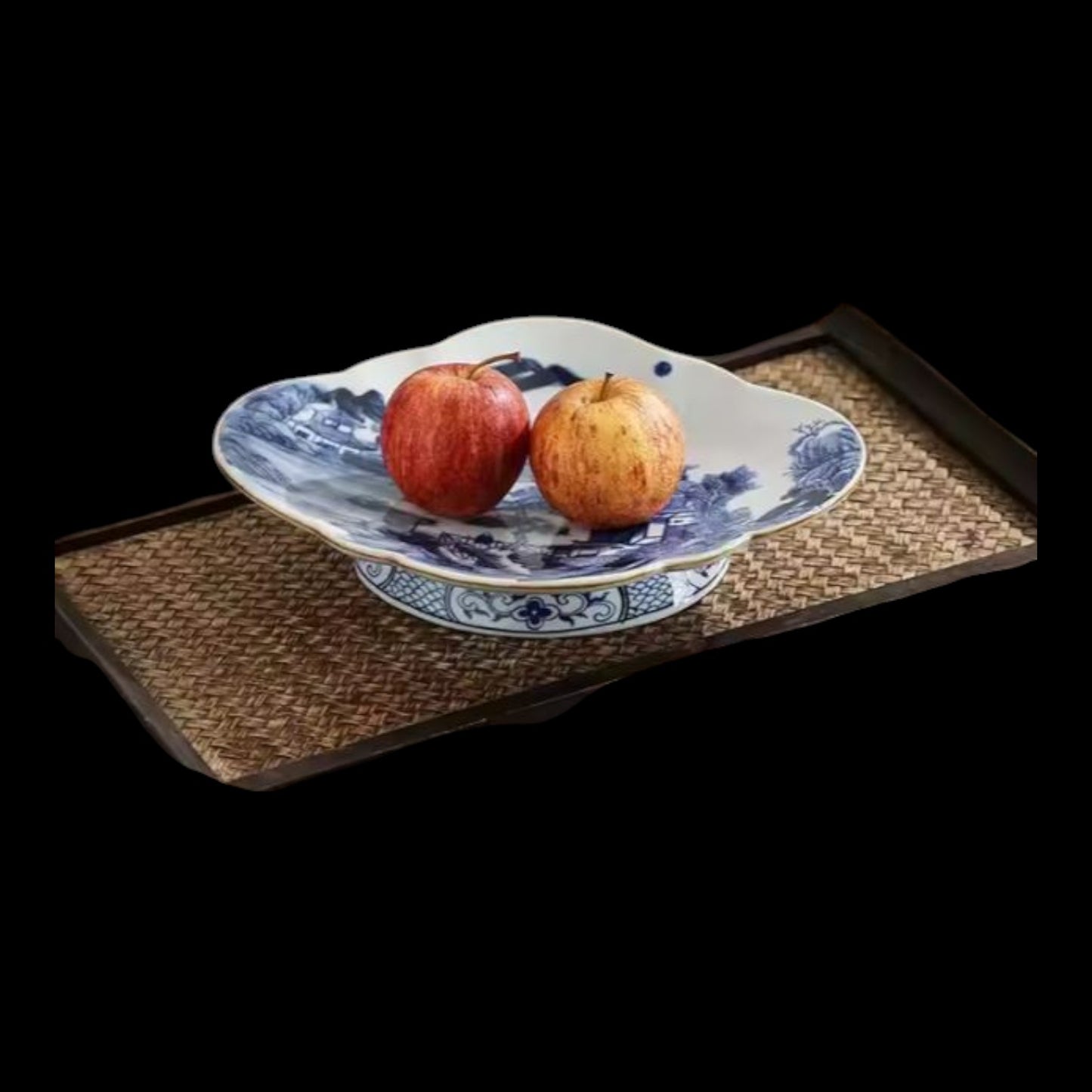 Pair of Hand-Painted Blue & White Landscape Ceramic Fruit Trays With Stand - Centerpiece or Fruit Bowl