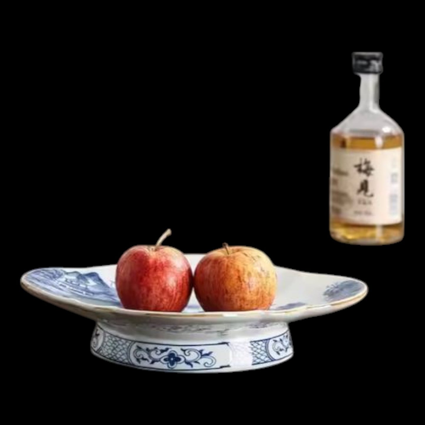 Pair of Hand-Painted Blue & White Landscape Ceramic Fruit Trays With Stand - Centerpiece or Fruit Bowl