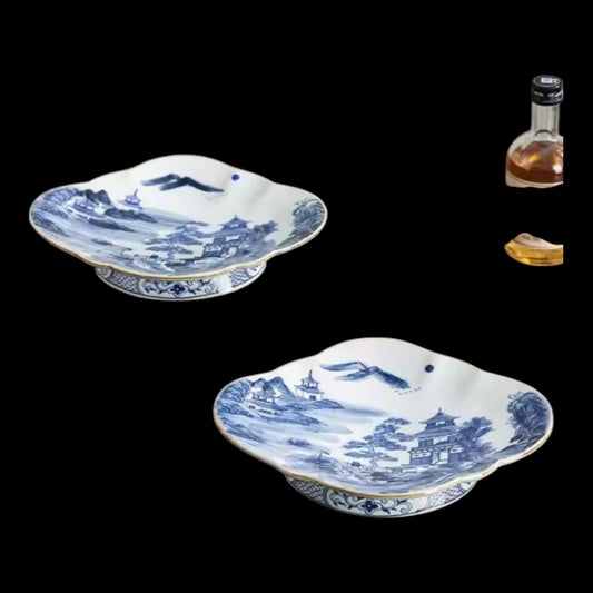 Pair of Hand-Painted Blue & White Landscape Ceramic Fruit Trays With Stand - Centerpiece or Fruit Bowl