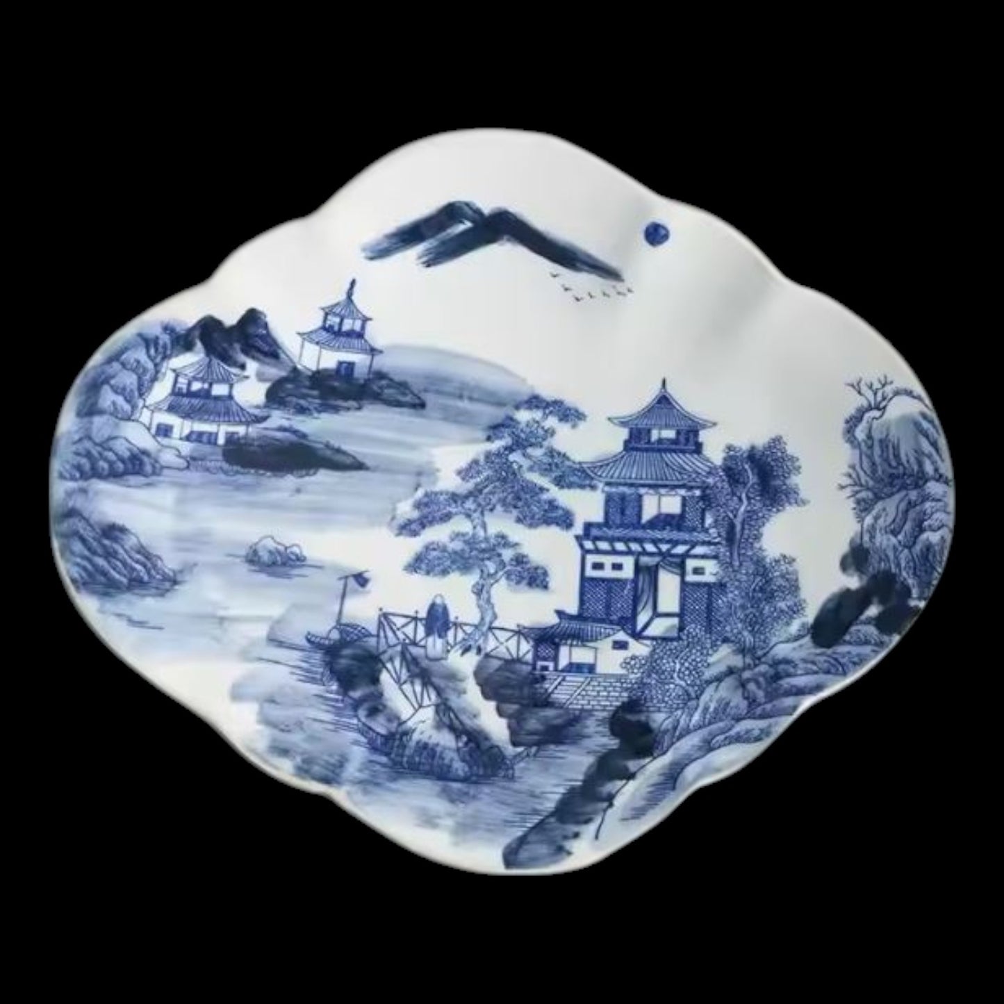 Pair of Hand-Painted Blue & White Landscape Ceramic Fruit Trays With Stand - Centerpiece or Fruit Bowl