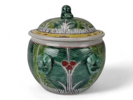 Custom Hand-Painted Chinese Bok Choy Cabbage Pattern Canister With Signature and Foo Dog Handles by Trunky Fresh