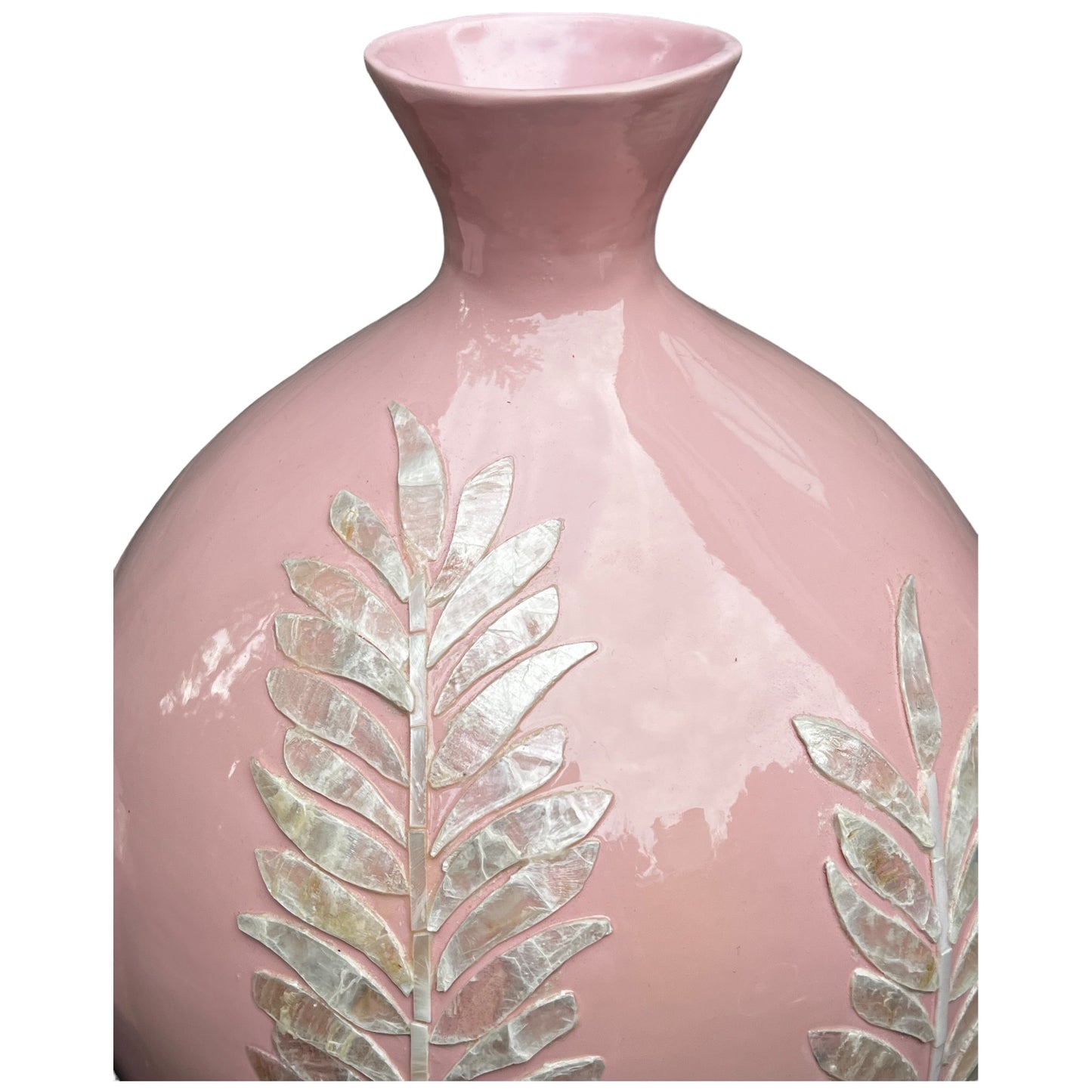 Light Pink Round Decorative Resin and Capiz Shell Vase Urn