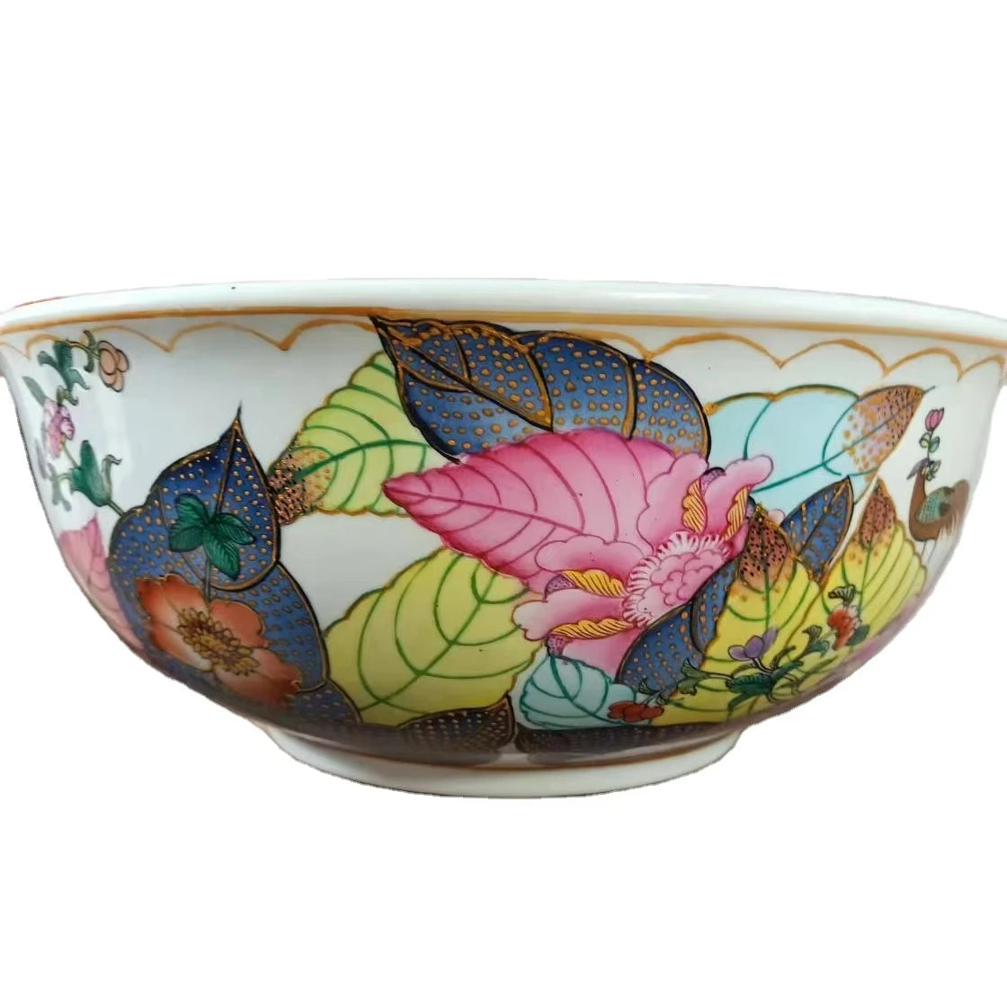 Elegant European and American Style Hand-Painted Ceramic Wash Basin with Large Tobacco Leaf Design