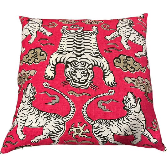 Fun Linen Decorative Throw Pillows Asian Inspired Tiger Motif on Pink Background, Brand New