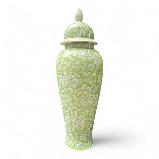 Tall Green and White Porcelain Jar – Hand-Painted Lidded Floor Vase from Jingdezhen