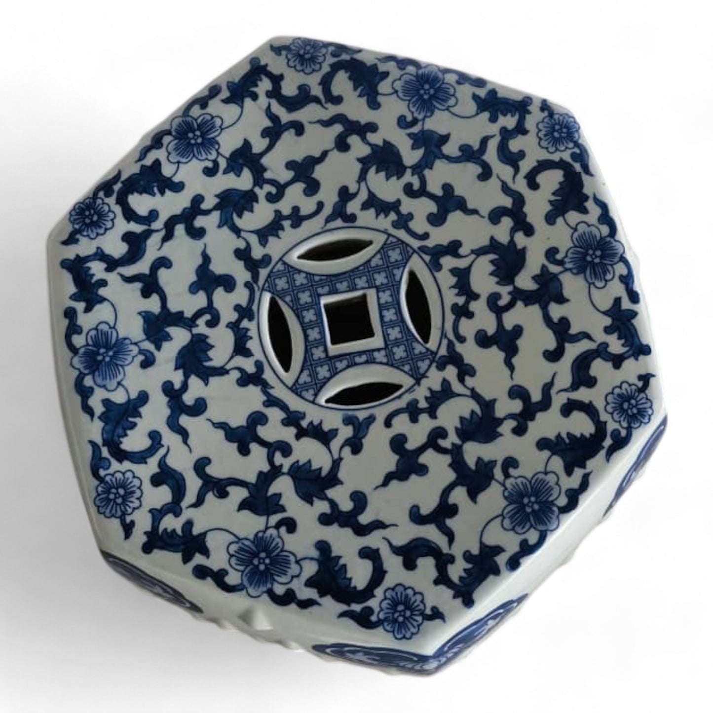 Chinese Hand-Painted Blue and White Hexagon Ceramic Garden Stool by Trunky Fresh