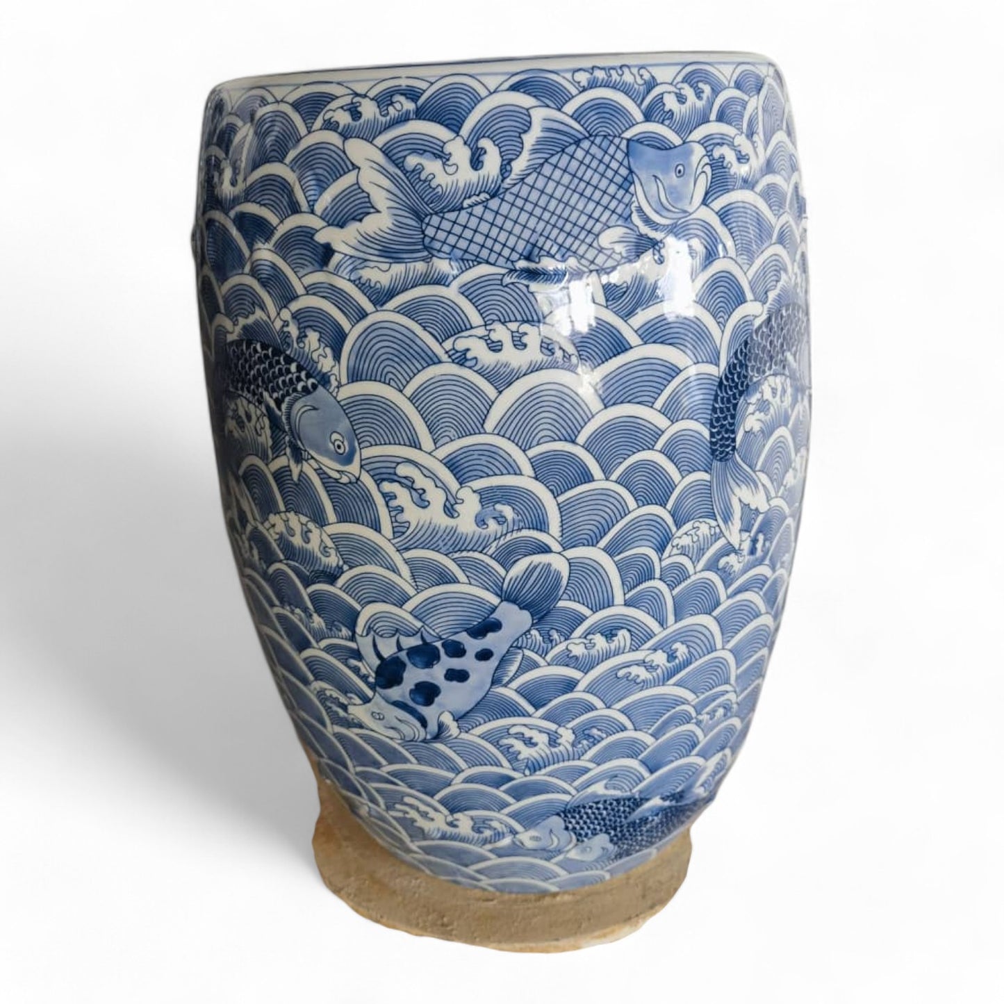 Chinese Hand Painted Blue and White Seawater Ripple Garden Stool