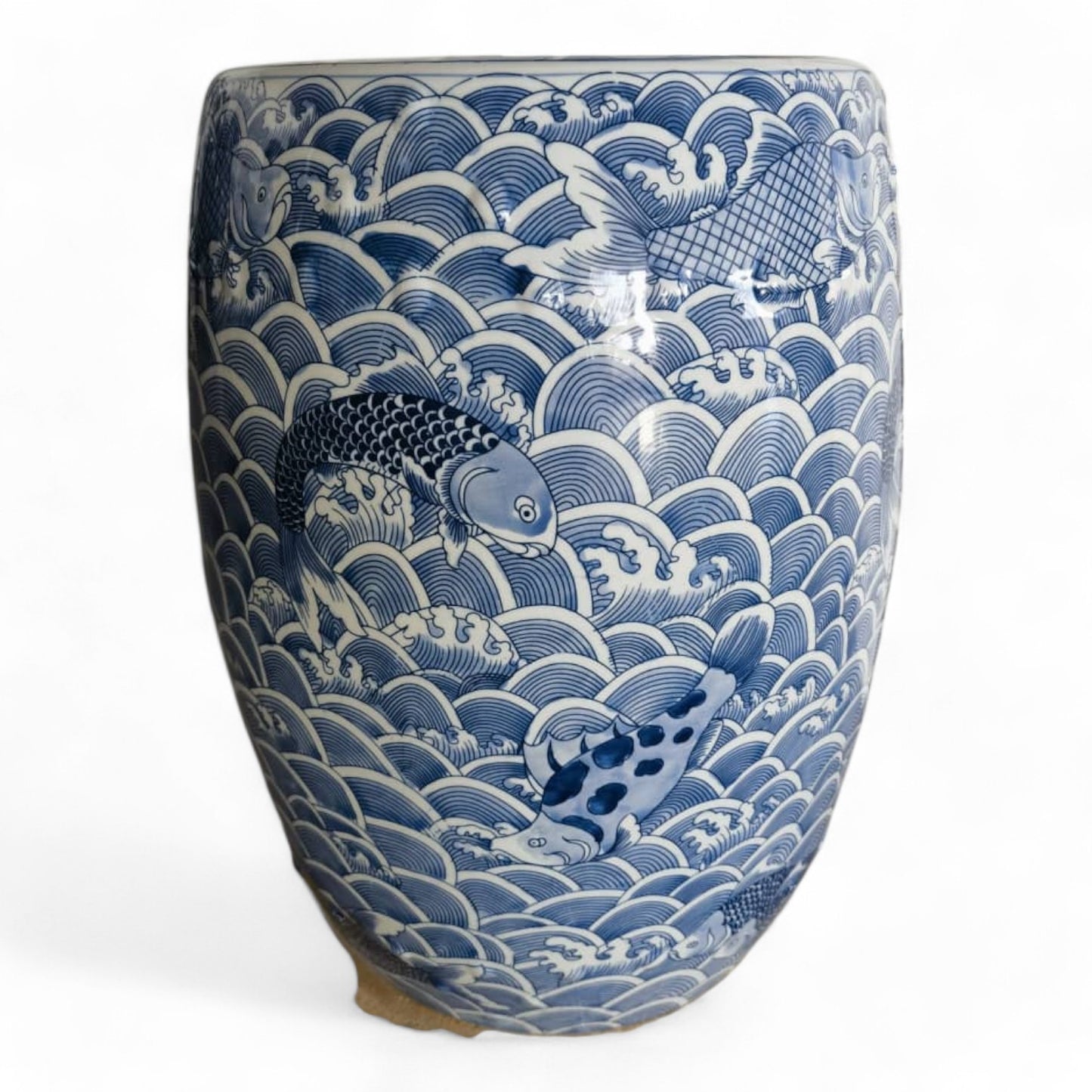 Chinese Hand Painted Blue and White Seawater Ripple Garden Stool