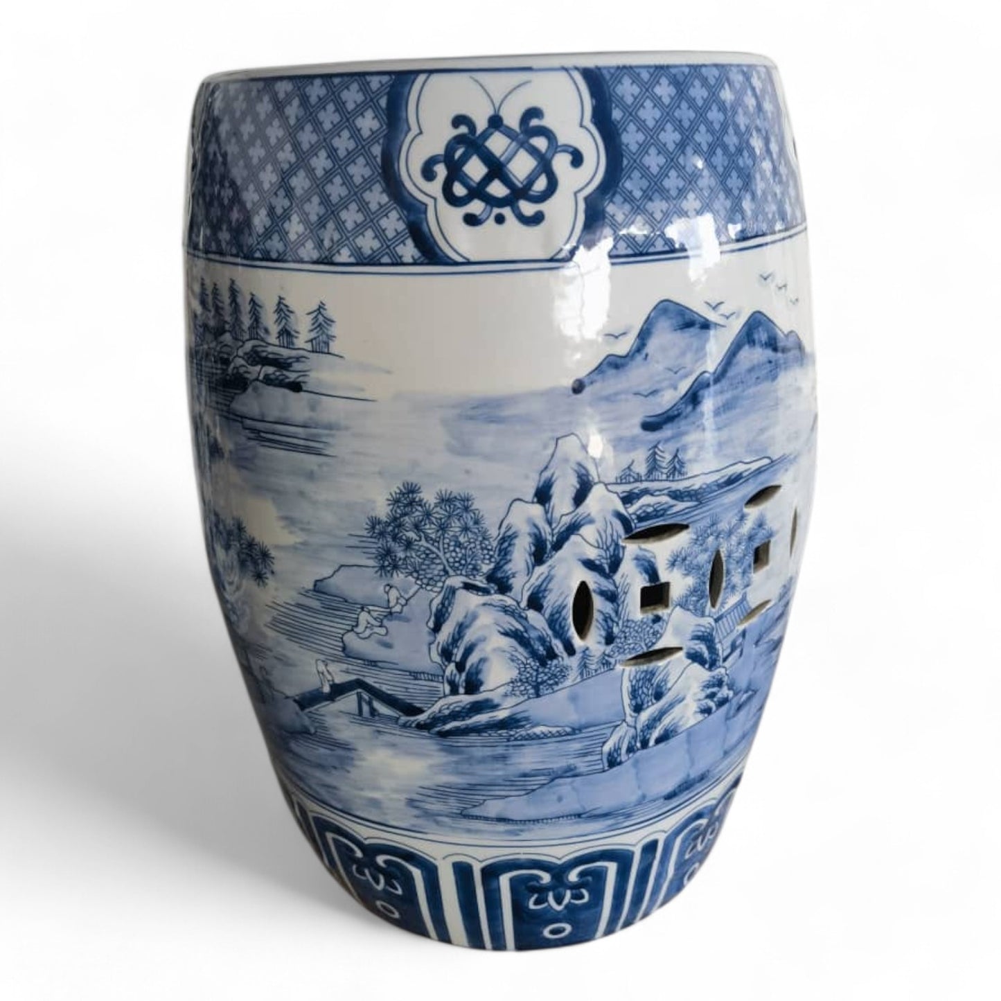 Chinese Hand Painted Blue and White Landscape Ceramic Garden Stool by Trunky Fresh