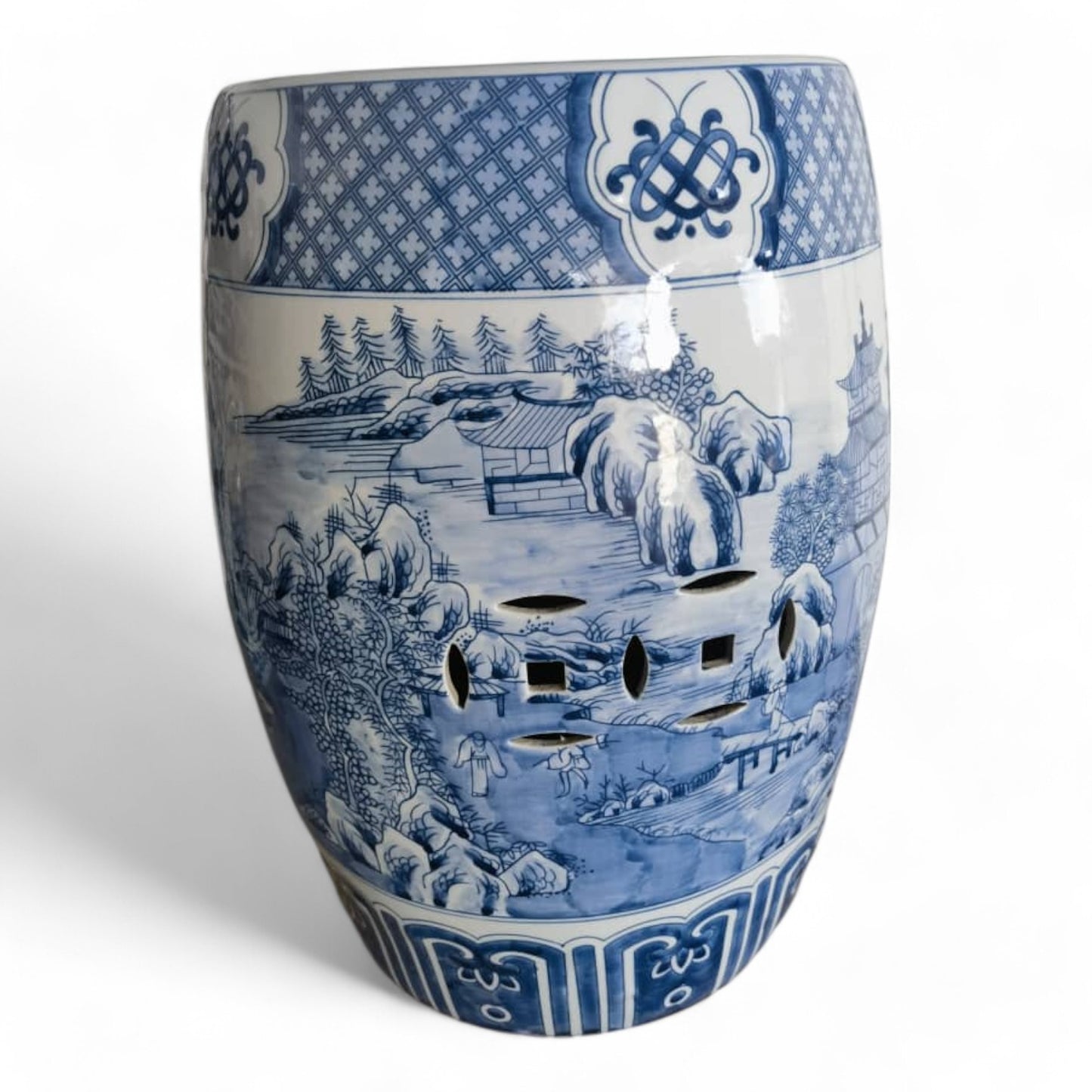 Chinese Hand Painted Blue and White Landscape Ceramic Garden Stool by Trunky Fresh