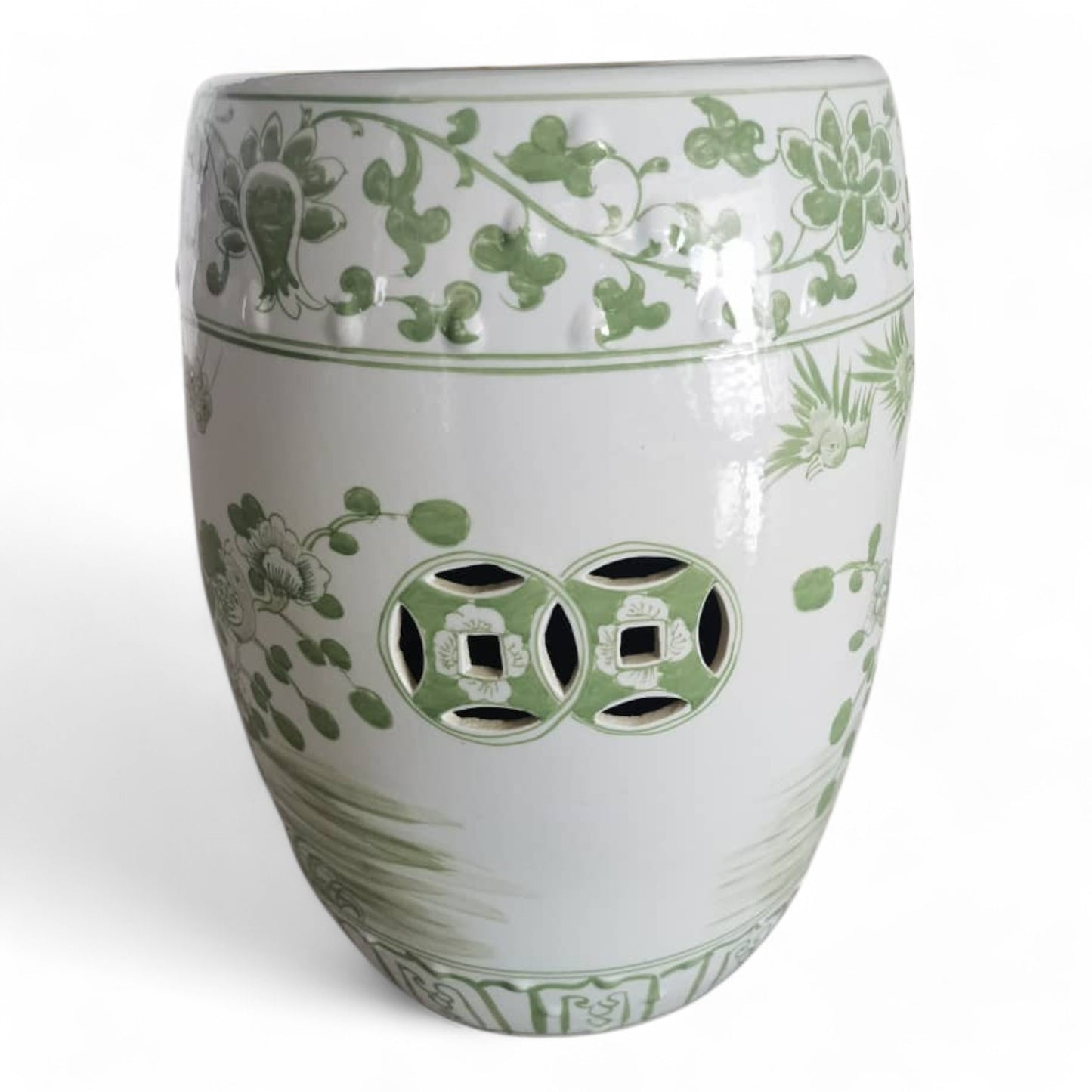 Chinese Hand-Painted Green Flower & Bird Garden Stool by Trunky Fresh