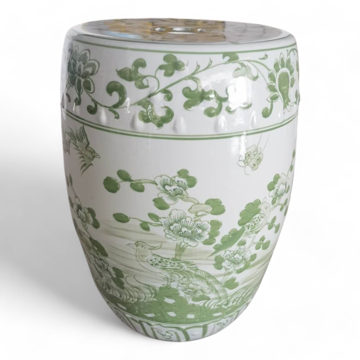 Chinese Hand-Painted Green Flower & Bird Garden Stool by Trunky Fresh