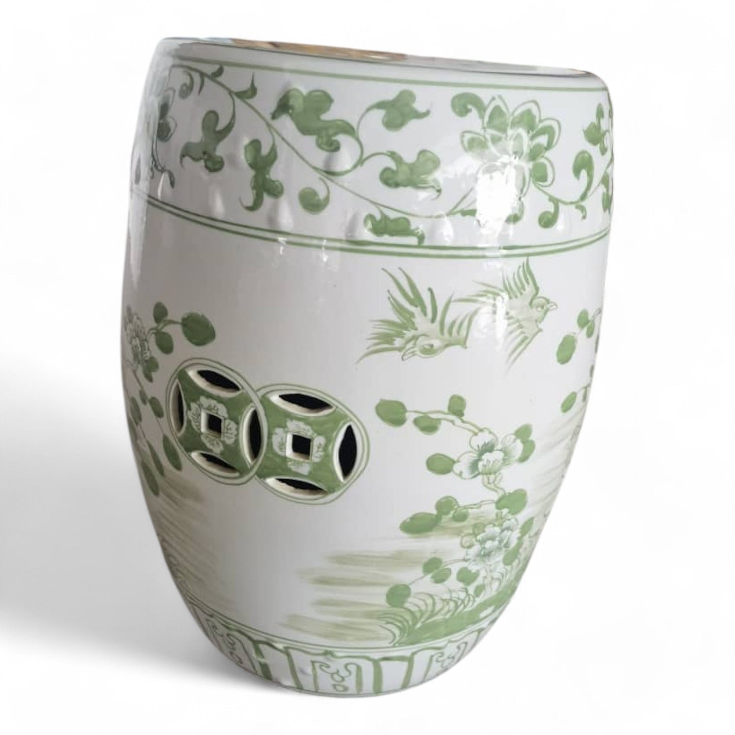 Chinese Hand-Painted Green Flower & Bird Garden Stool by Trunky Fresh