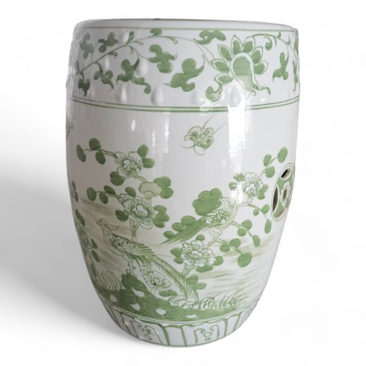 Chinese Hand-Painted Green Flower & Bird Garden Stool by Trunky Fresh