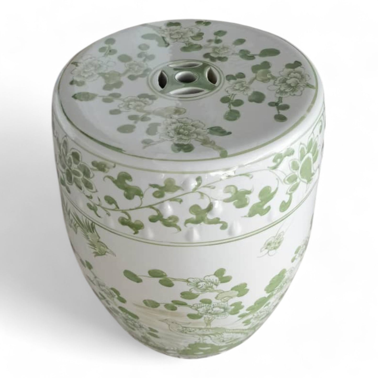 Chinese Hand-Painted Green Flower & Bird Garden Stool by Trunky Fresh