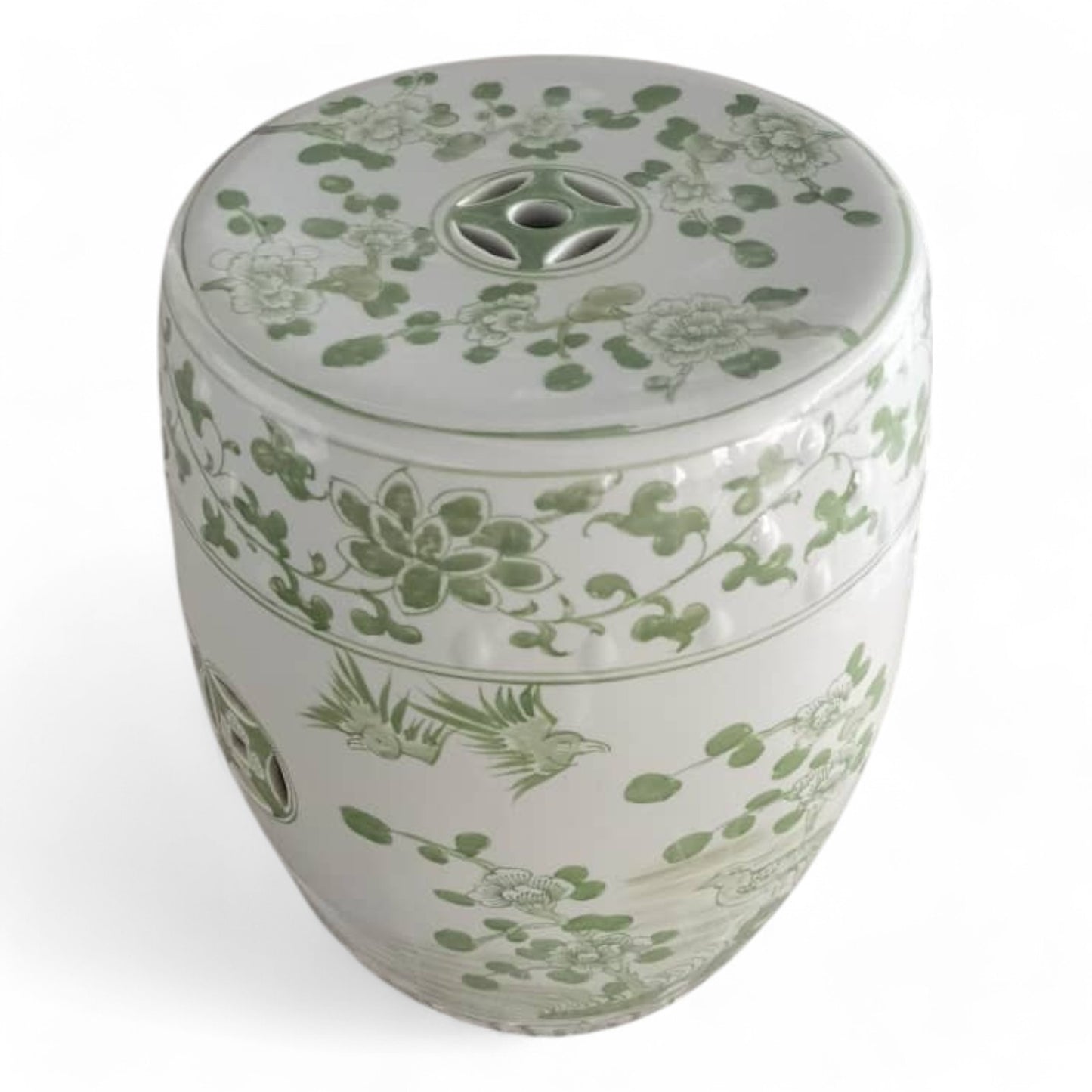 Chinese Hand-Painted Green Flower & Bird Garden Stool by Trunky Fresh