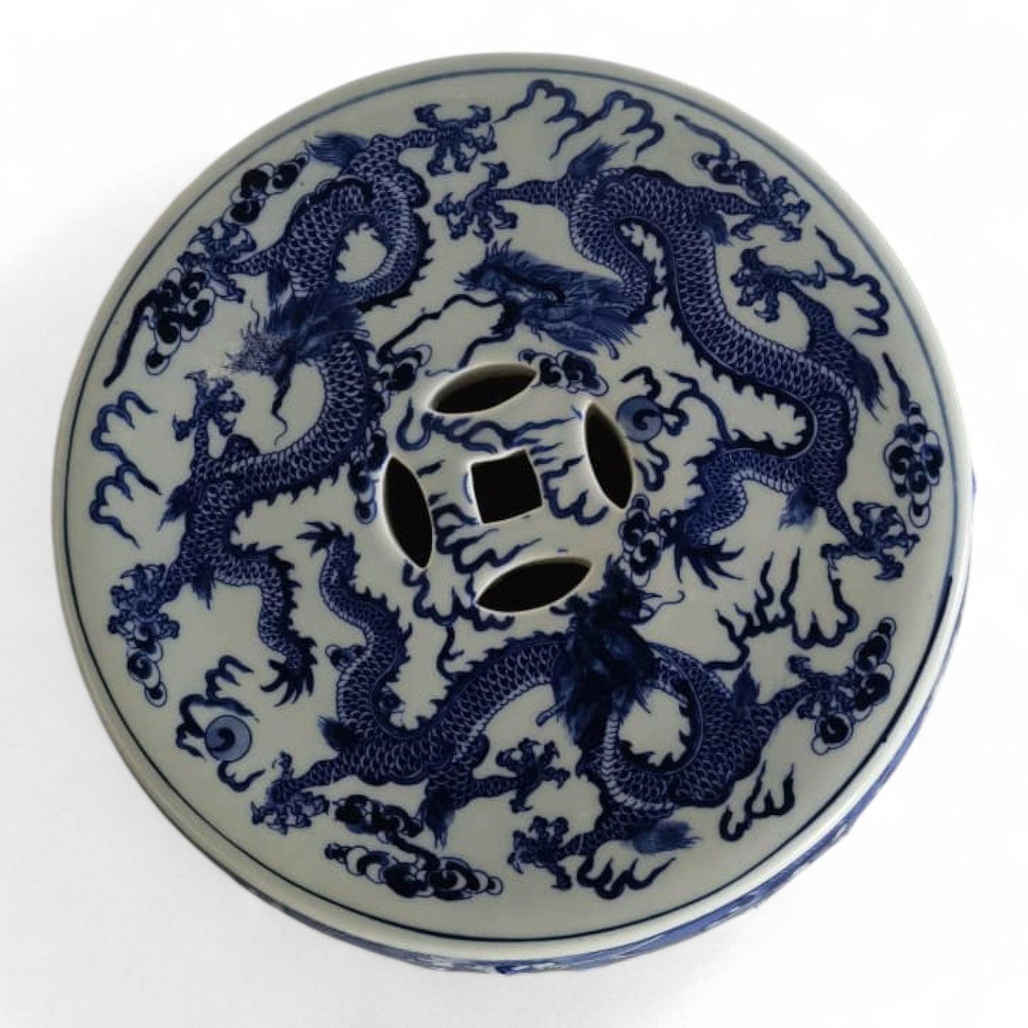 Chinese Hand Painted Blue and White Chinese Dragon Garden Stool by Trunky Fresh