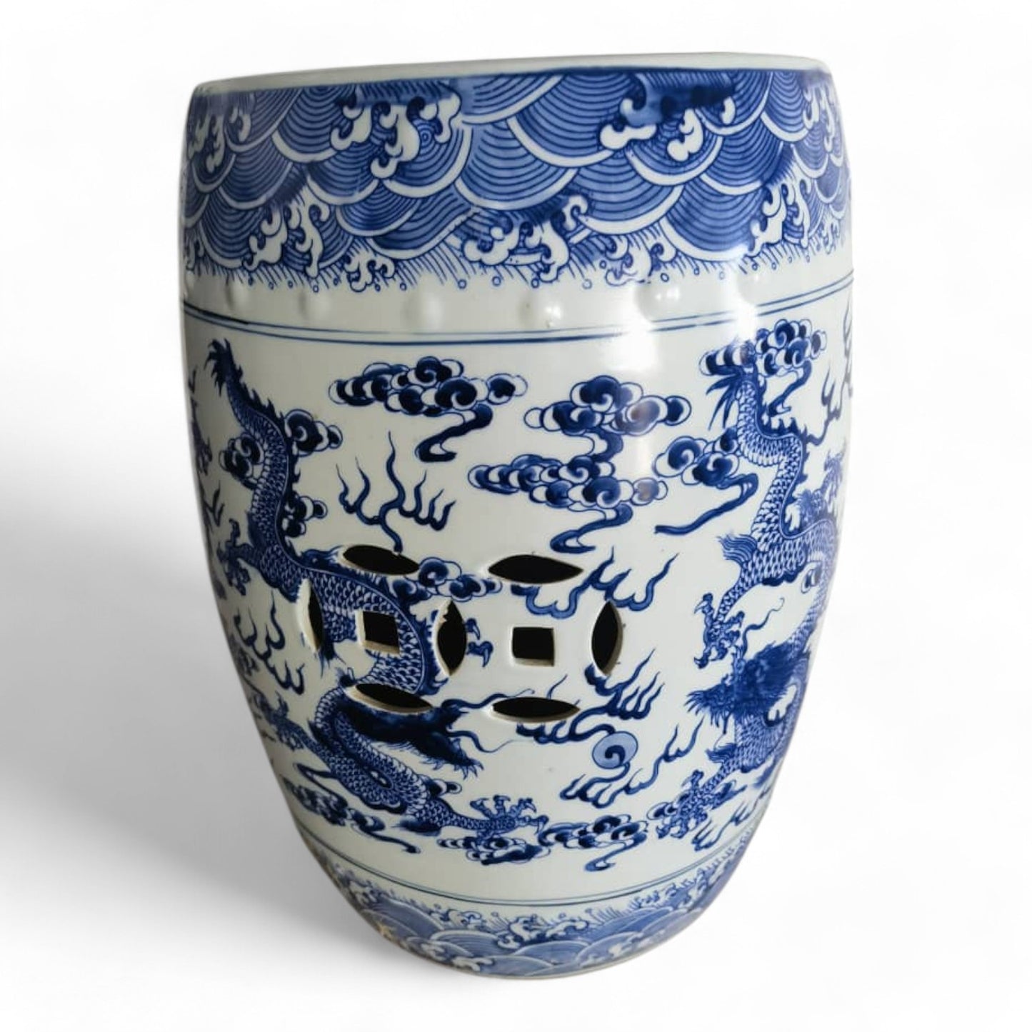 Chinese Hand Painted Blue and White Chinese Dragon Garden Stool by Trunky Fresh