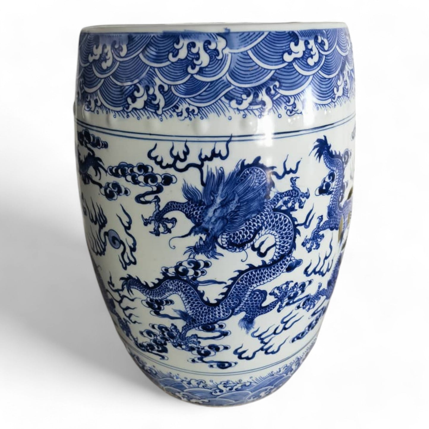 Chinese Hand Painted Blue and White Chinese Dragon Garden Stool by Trunky Fresh