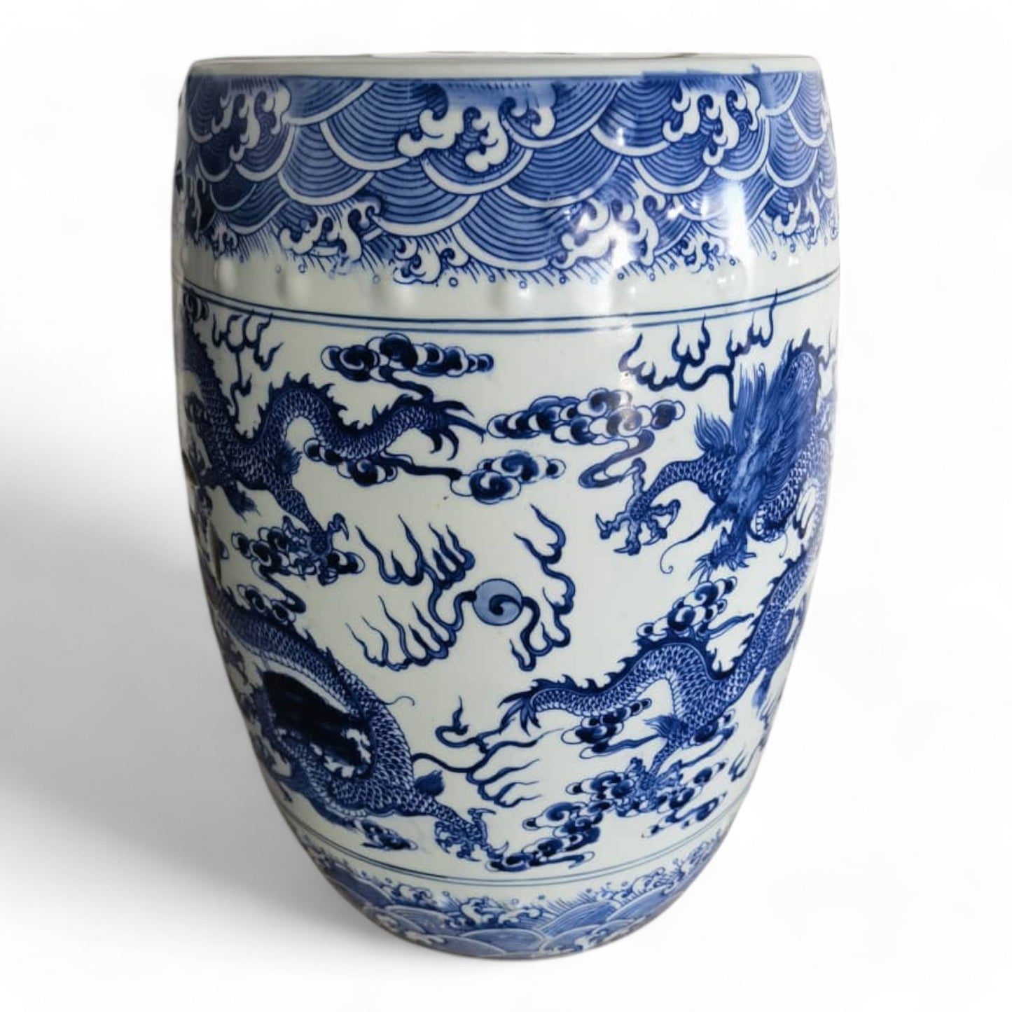 Chinese Hand Painted Blue and White Chinese Dragon Garden Stool by Trunky Fresh