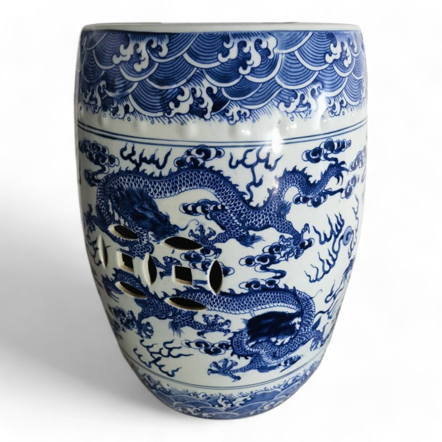 Chinese Hand Painted Blue and White Chinese Dragon Garden Stool by Trunky Fresh