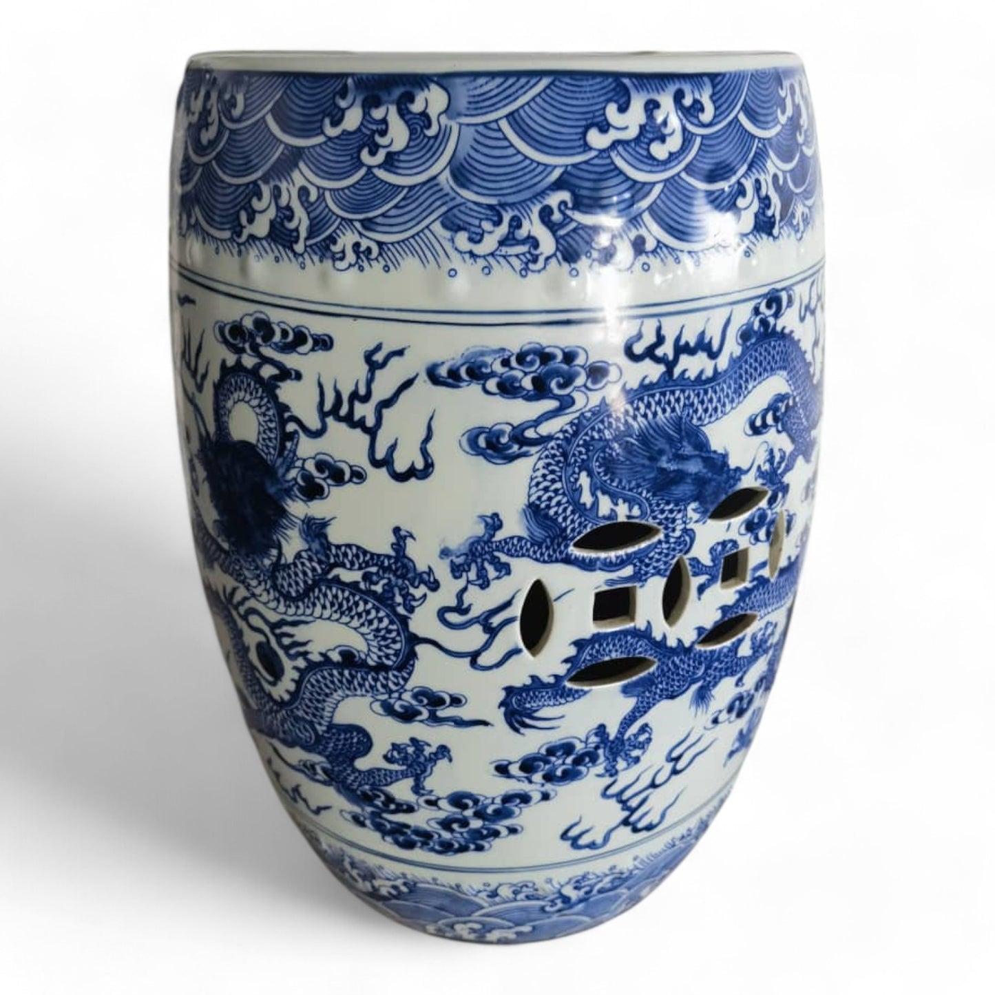 Chinese Hand Painted Blue and White Chinese Dragon Garden Stool by Trunky Fresh