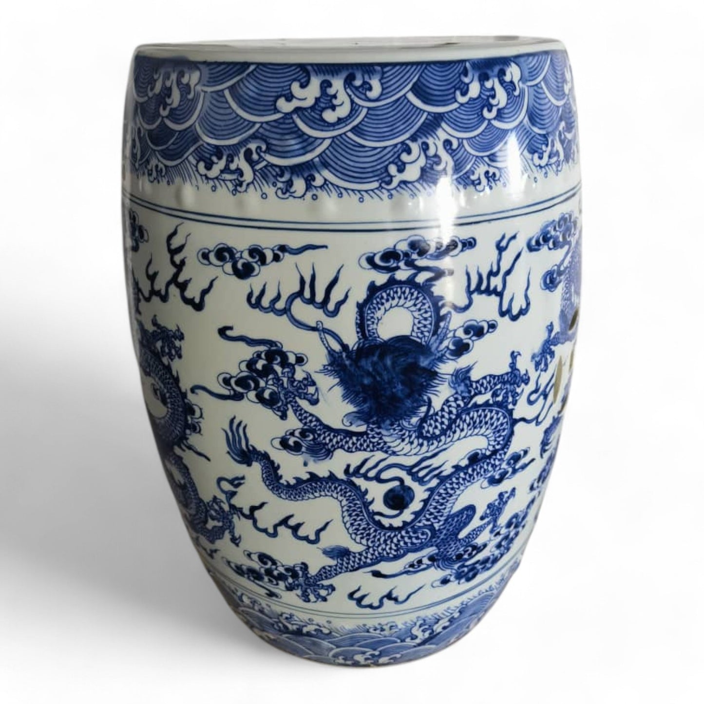 Chinese Hand Painted Blue and White Chinese Dragon Garden Stool by Trunky Fresh