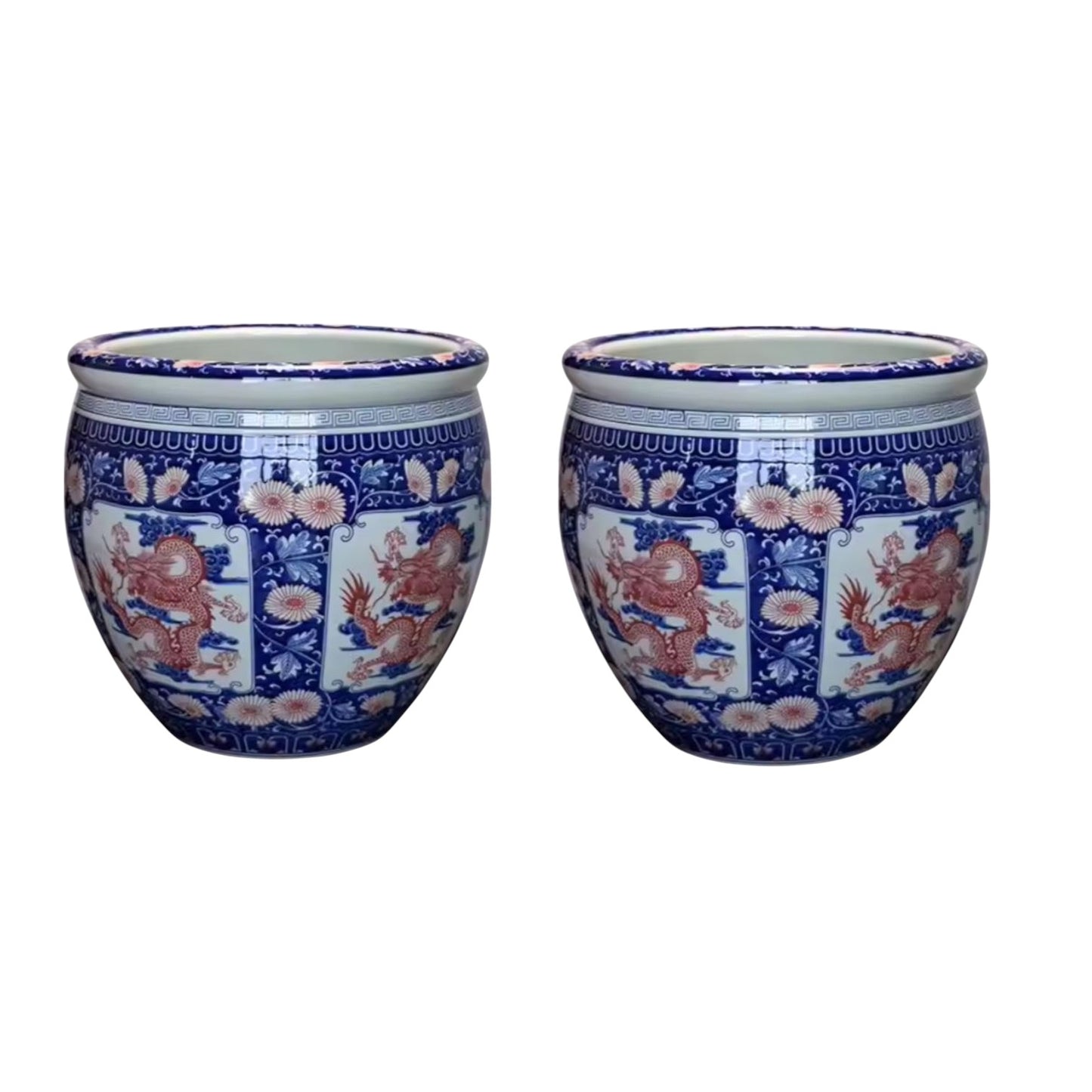 Pair of Chinese Blue and White Porcelain Vases, Fish Bowl Planter, Plant Pot