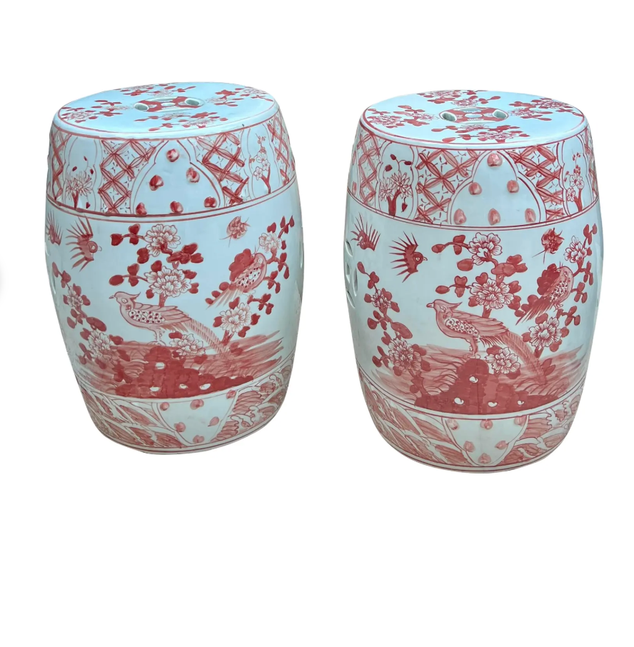 Pair of Red and White Porcelain Garden Stools – Hand-Painted Peacock Motif – Jingdezhen