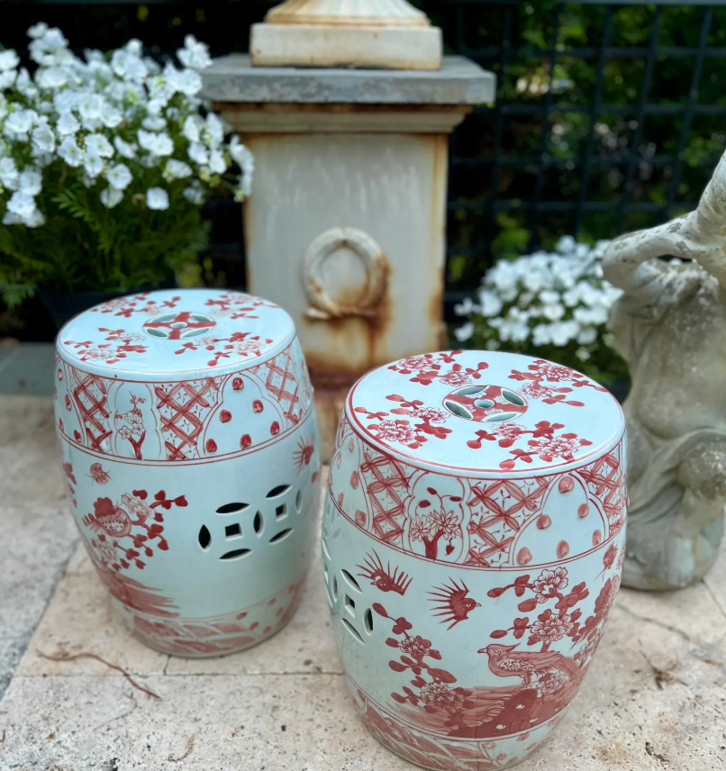 Pair of Red and White Porcelain Garden Stools – Hand-Painted Peacock Motif – Jingdezhen