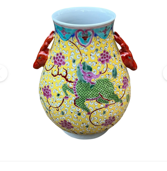 Hand-Painted Porcelain Qilin Vase – Yellow Glaze with Figural Deer Handles – Jingdezhen